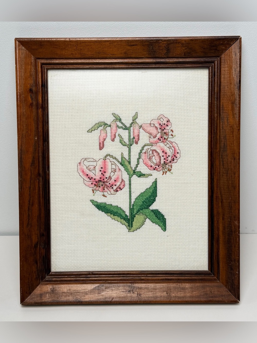 Majestic Lily Botanical Lilium martagon Cross Stitched Wood Framed Wall Decor